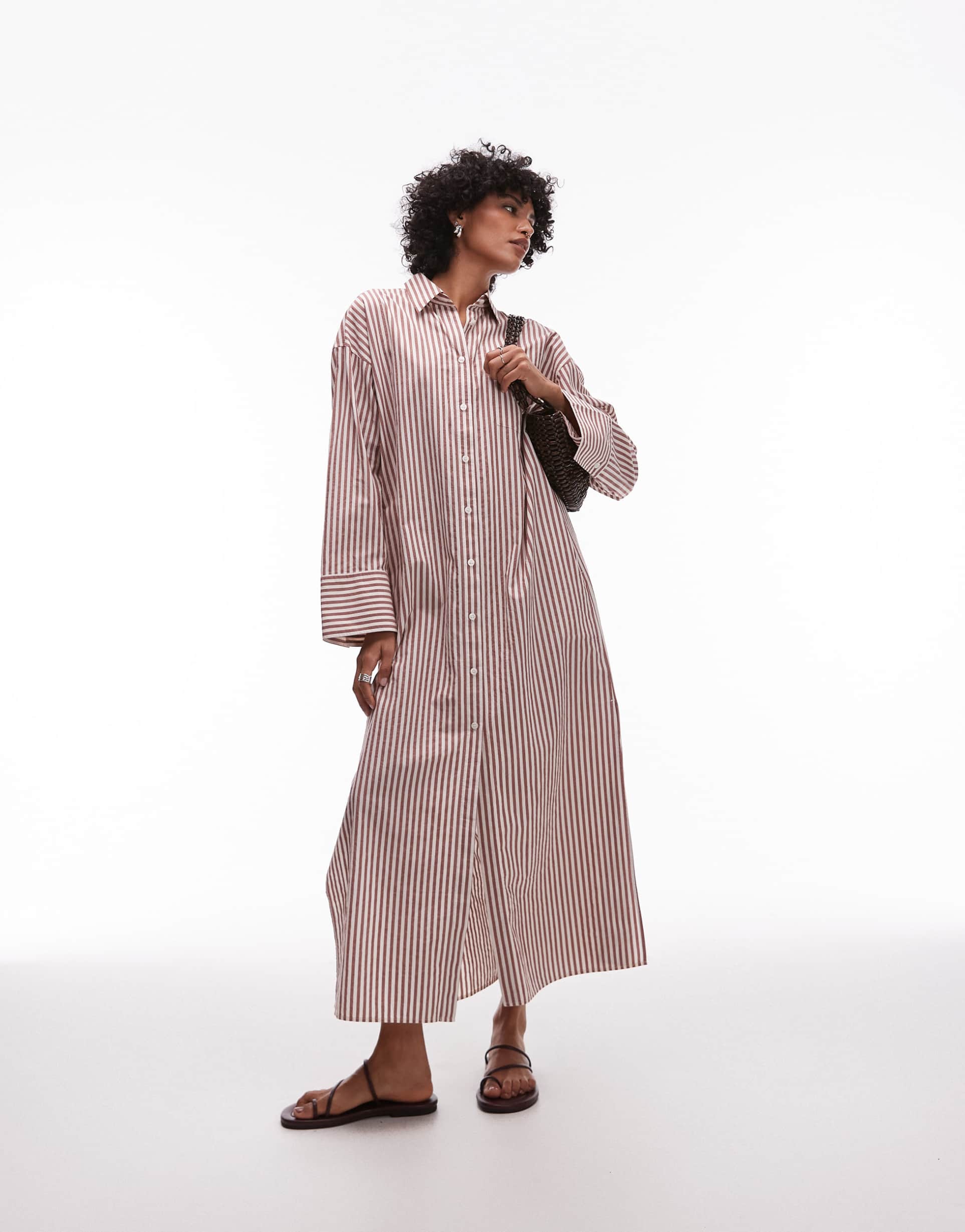 arket maxi shirt dress with paneled sleeves and side slits in brown stripe