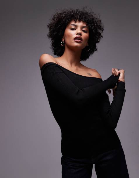 ARKET merino wool blend fine knitted rib off shoulder top in black - view 1