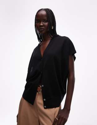 Arket Merino Wool Button Up Knit Top In Black