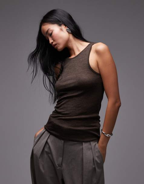 ARKET merino wool cosy knitted singlet top in brown - view 1