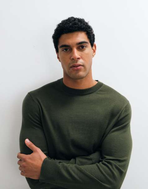 ARKET merino wool crew neck jumper in khaki - view 1