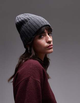 merino wool double fold ribbed beanie hat in dark gray melange