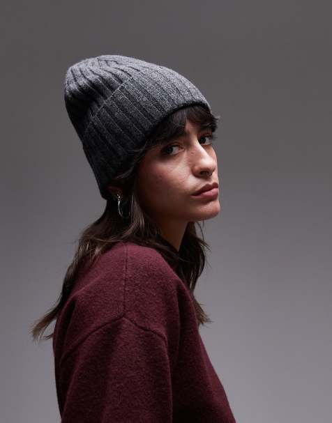 ARKET merino wool double fold ribbed beanie hat in dark grey melange - view 1