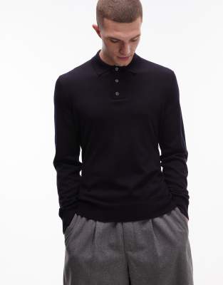 Arket ARKET merino wool heavyweight knitted long sleeve polo shirt in black