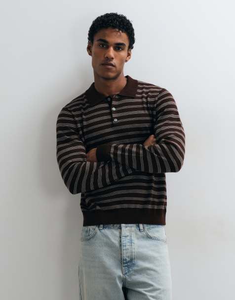 ARKET merino wool kniited polo in brown stripe - view 1