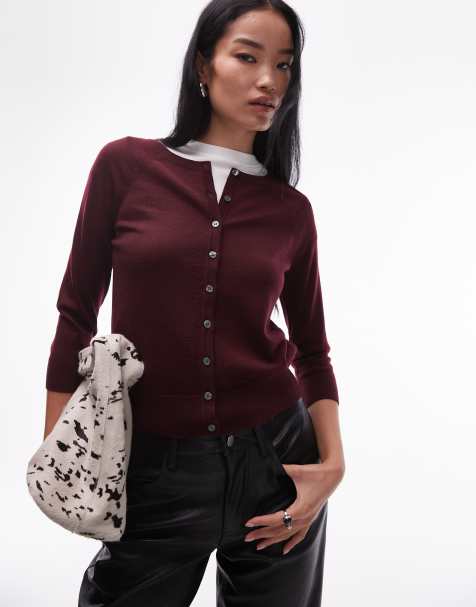 ARKET merino wool knit cardigan in burgundy wine - view 1