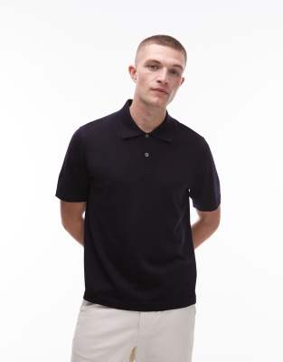 merino wool knit long sleeve polo shirt in navy