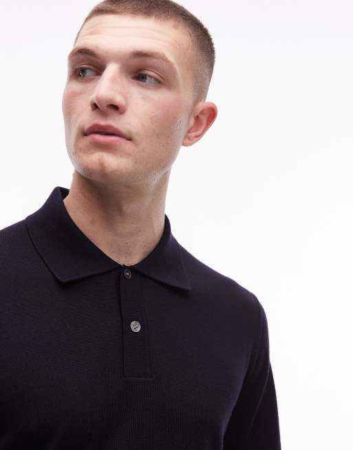 ARKET merino wool knit long sleeve polo shirt in navy, 3 of 4