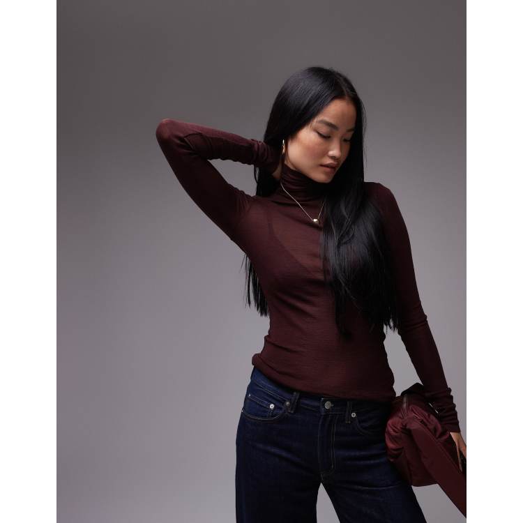 Arket Merino Wool Knit Rib Semi Sheer Turtleneck Top in burgundy Red