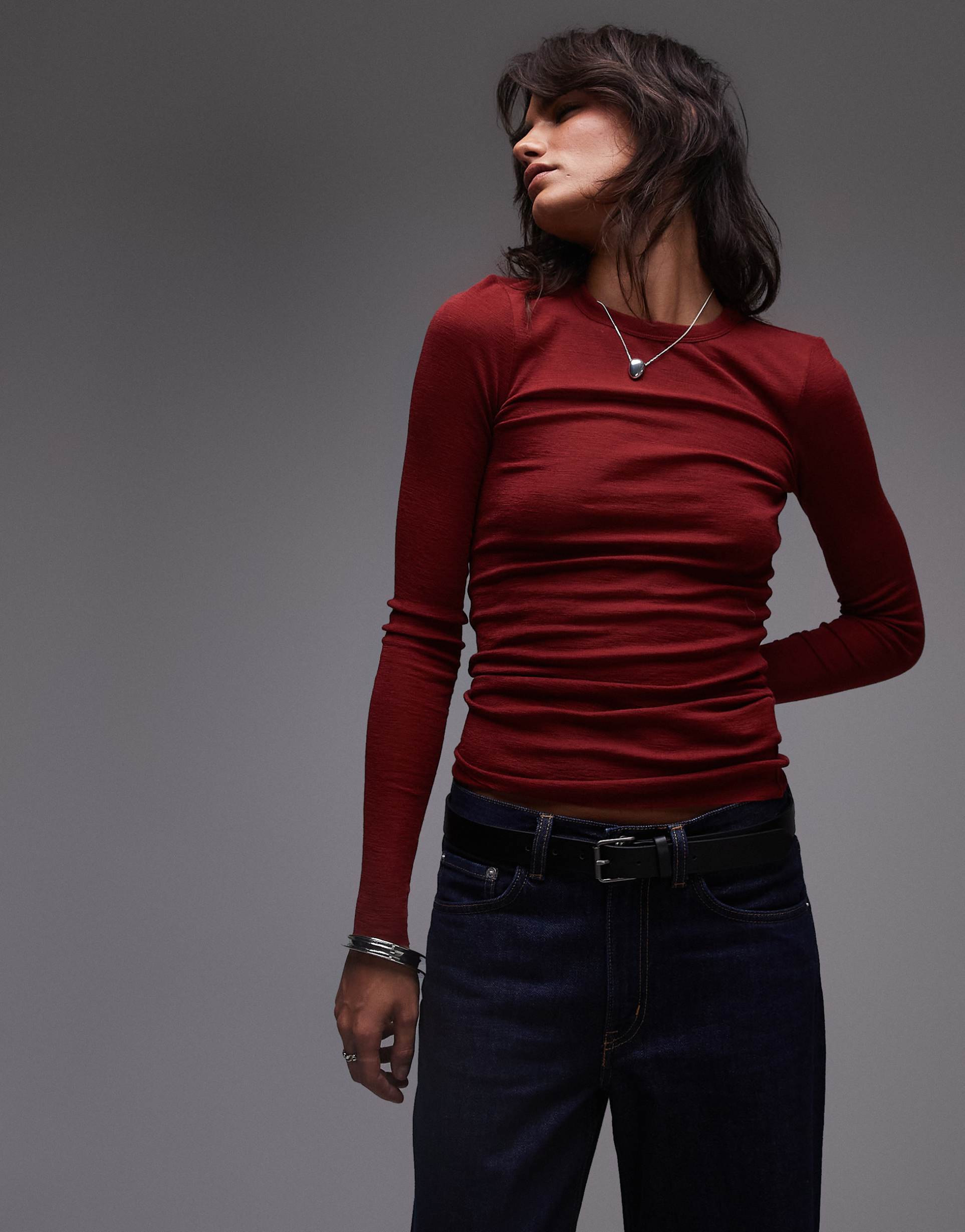 arket merino wool knit ribbed long sleeve top with scoop neck in red