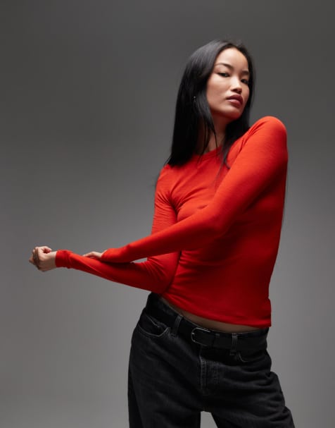 ARKET merino wool knit semi sheer long sleeve top in red - view 1