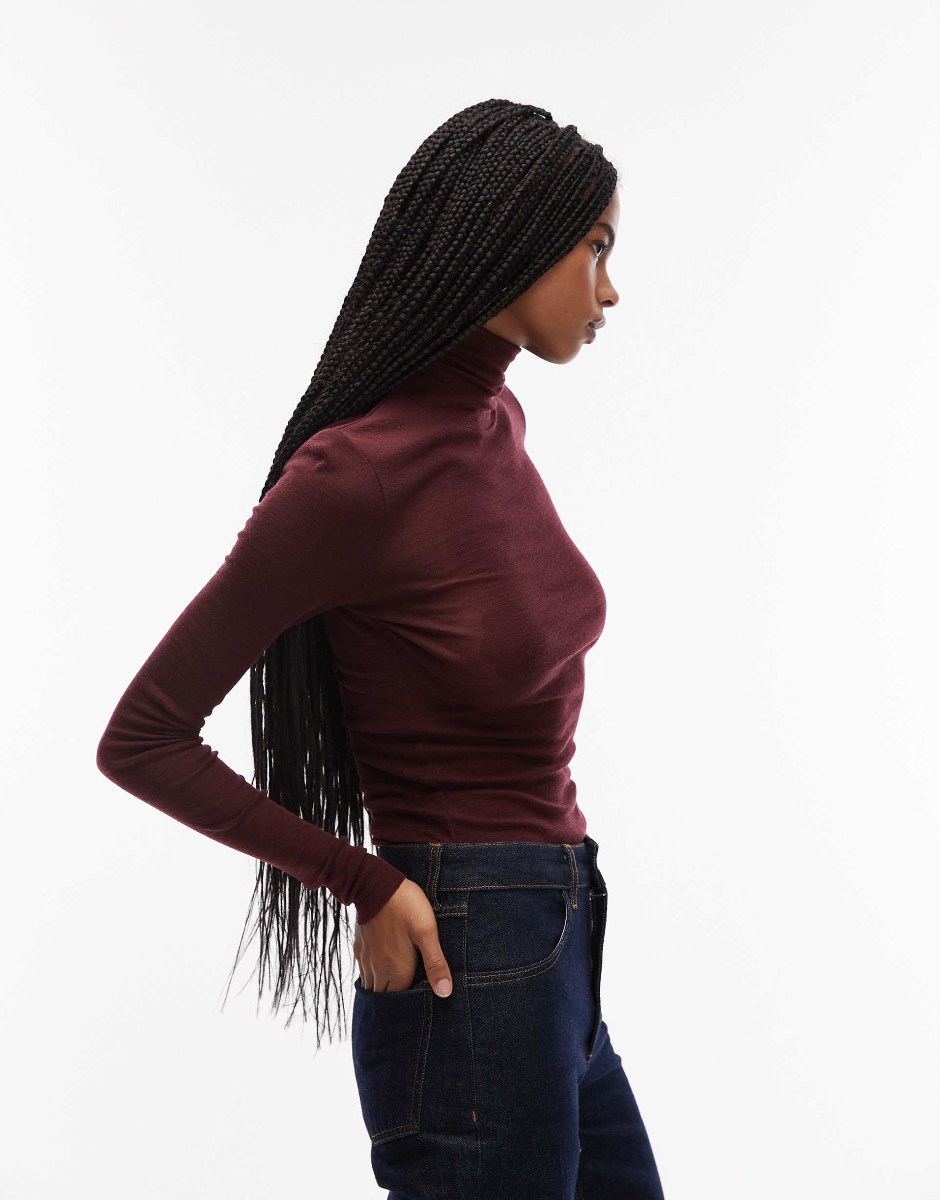 arket merino wool knit semi sheer turtleneck top in burgundy