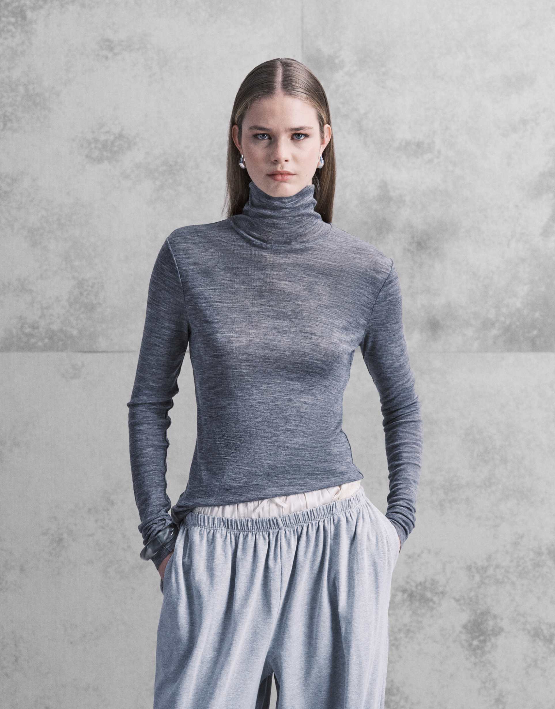 arket merino wool knit semi sheer turtleneck top in gray