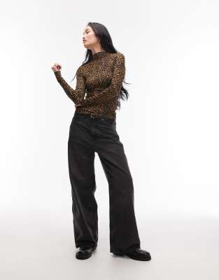 Arket Merino Wool Knit Semi Sheer Wide Rib Knit Mock Neck Top In Brown