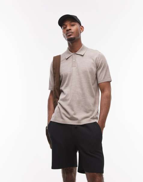 ARKET merino wool knit short sleeve polo shirt in light beige - view 1