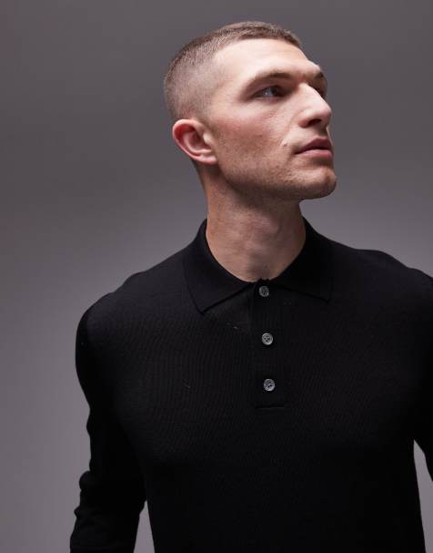 ARKET merino wool knitted long sleeve polo shirt in black - view 1