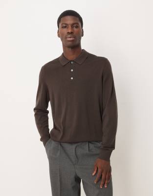 ARKET merino wool knitted long sleeve polo shirt in brown