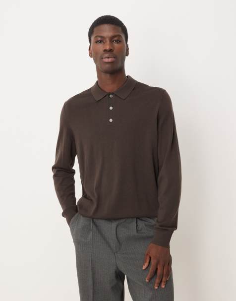 ARKET merino wool knitted long sleeve polo shirt in brown - view 1