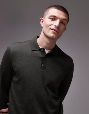 ARKET merino wool knitted long sleeve polo shirt in green - view 1
