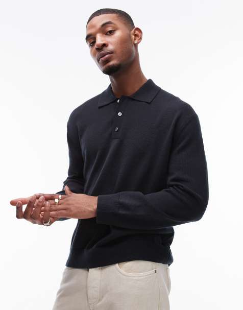 ARKET merino wool knitted long sleeve polo shirt in navy - view 1