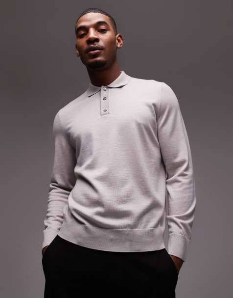 ARKET merino wool knitted long sleeve polo shirt in off-white