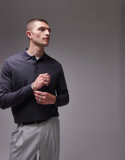 ARKET merino wool knitted long sleeve polo shirt in petrol blue, 2 of 4
