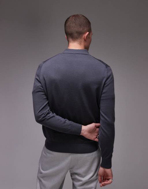 ARKET merino wool knitted long sleeve polo shirt in petrol blue, 4 of 4