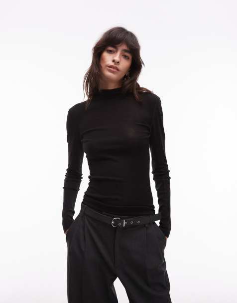 ARKET merino wool knitted long sleeve top with hood in black - view 1