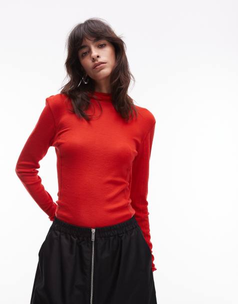 ARKET merino wool knitted long sleeve top  with hood in red - view 1