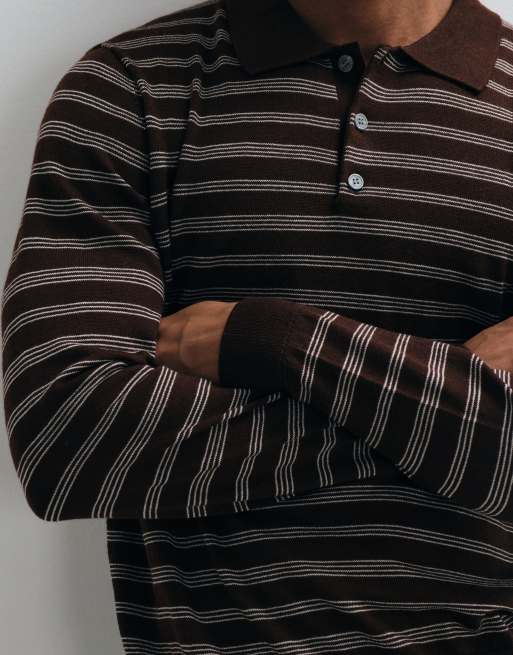 ARKET merino wool knitted polo in brown striped print, 3 of 5