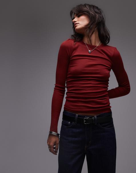 ARKET merino wool knitted rib long sleeve top with scoop neck in red - view 1