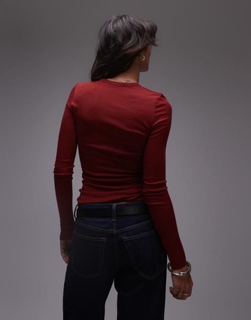 ARKET merino wool knitted rib long sleeve top with scoop neck in red, 2 of 4