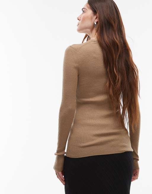 ARKET merino wool knitted rib top in beige | ASOS