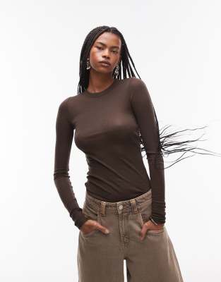 Arket ARKET merino wool knitted semi sheer long sleeve top in brown
