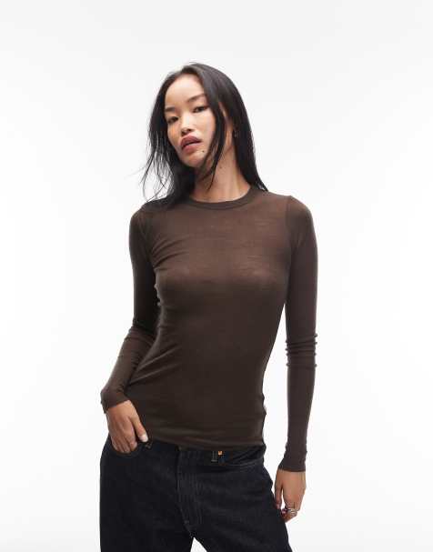 ARKET merino wool knitted semi sheer long sleeve top in brown - view 1
