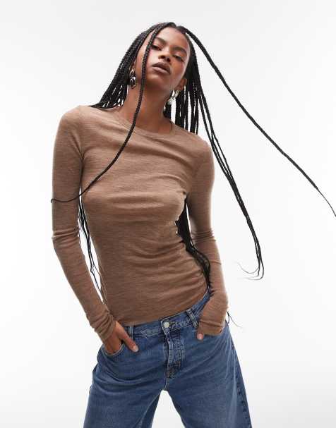 ARKET merino wool knitted semi sheer long sleeve top in camel beige - view 1