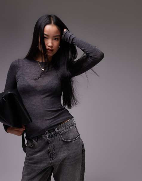 ARKET merino wool knitted semi sheer long sleeve top in dark gray - view 1