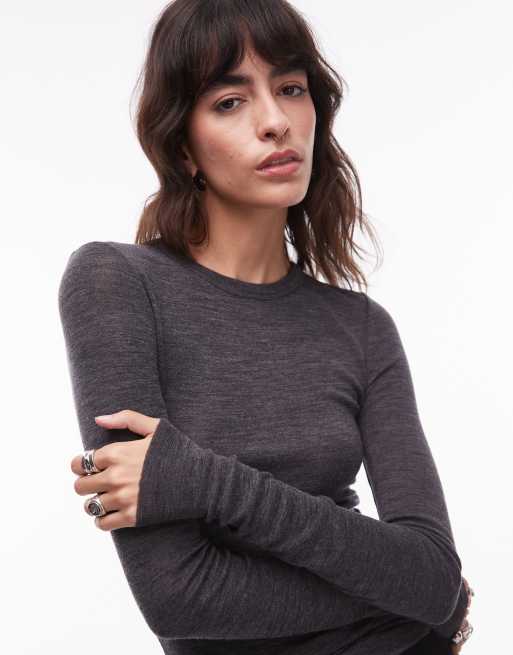 ARKET merino wool knitted semi sheer long sleeve top in dark gray , 2 of 4