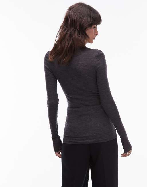 ARKET merino wool knitted semi sheer long sleeve top in dark gray , 4 of 4