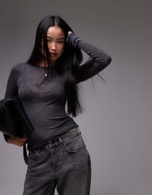 Arket ARKET merino wool knitted semi sheer long sleeve top in dark grey