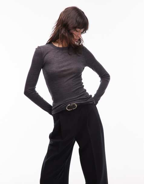 ARKET merino wool knitted semi sheer long sleeve top in dark grey - view 1