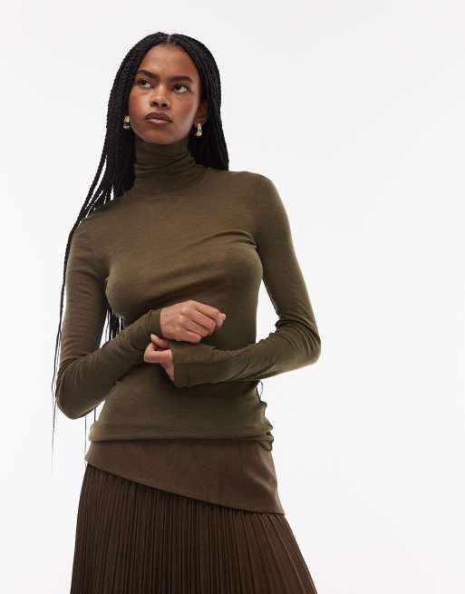 ARKET merino wool knitted semi sheer turtle neck top in dark green