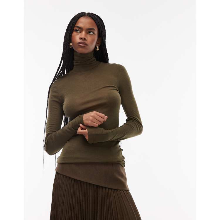 ARKET merino wool knitted semi sheer turtle neck top in olive