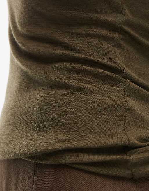 ARKET merino wool knitted semi sheer turtle neck top in olive green, 4 of 4