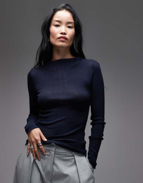 ARKET merino wool knitted semi sheer wide rib mock neck top in blue - view 1