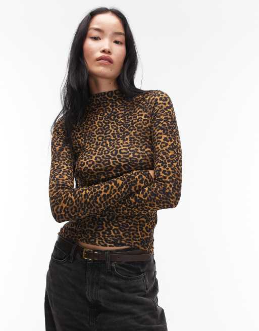 ARKET merino wool knitted semi sheer wide rib mock neck top in leo print