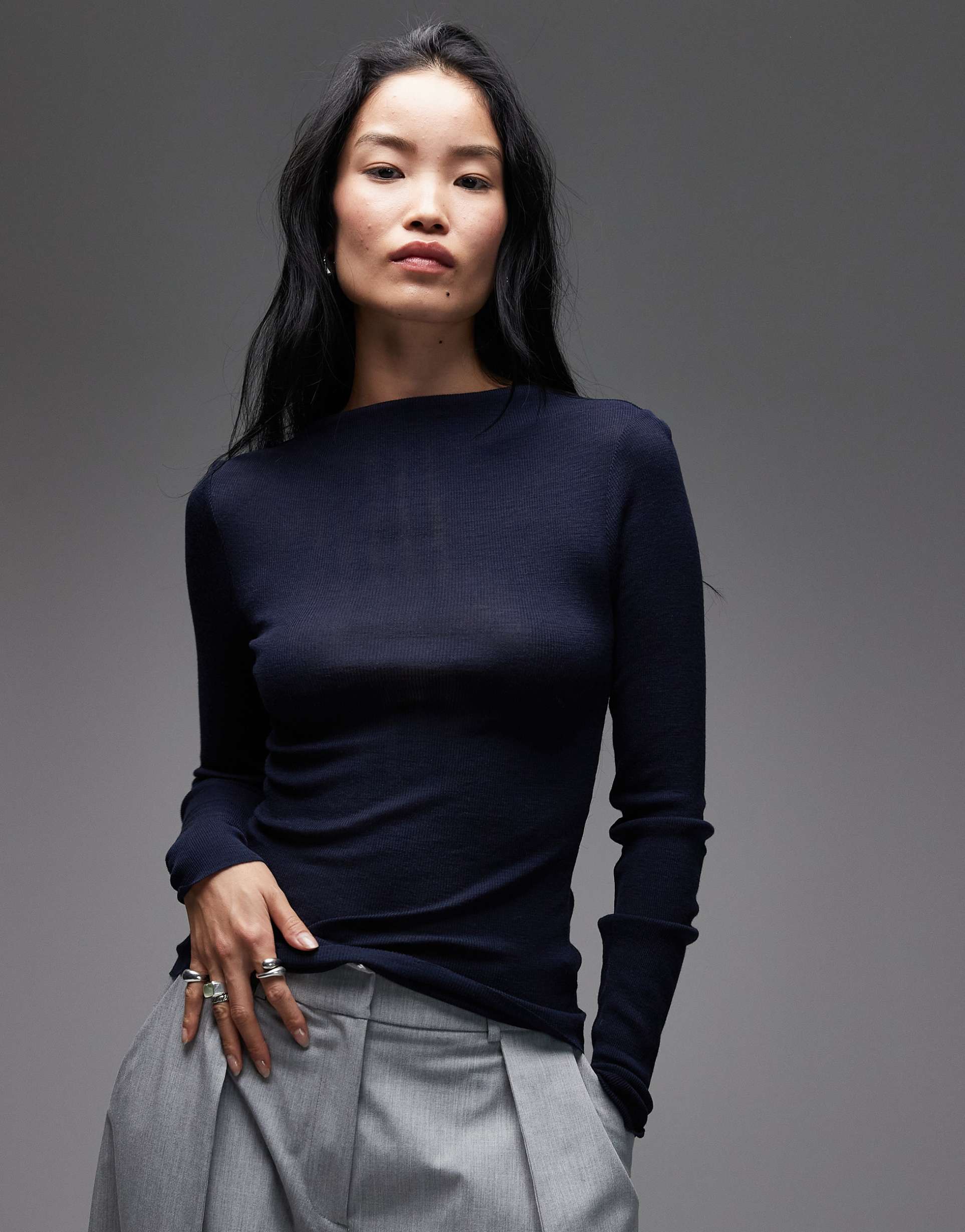 arket merino wool look semi sheer wide rib knit mock neck top in blue