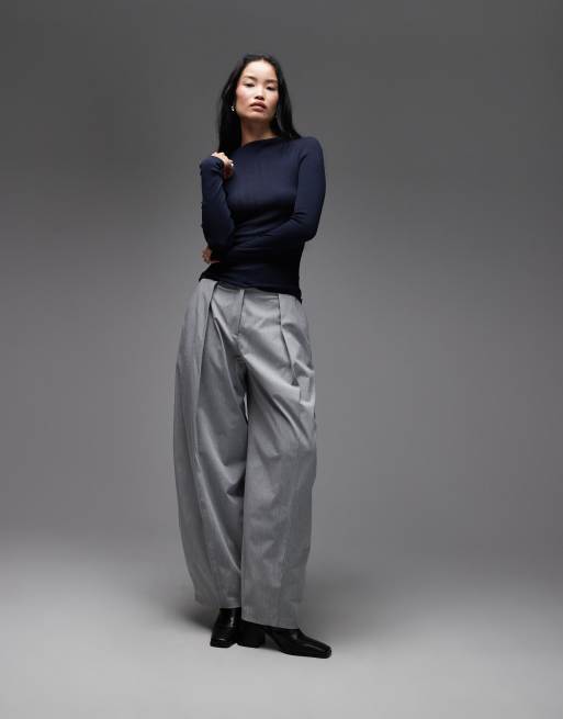 ARKET merino wool look semi sheer wide rib knit mock neck top in blue, 3 of 4