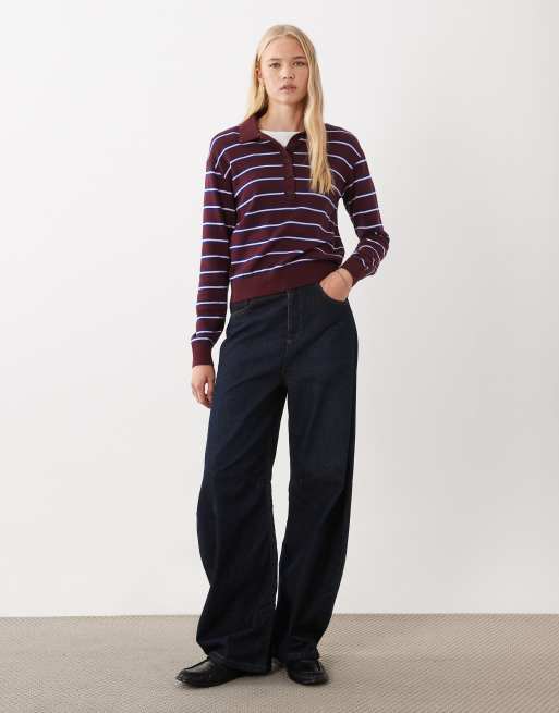 ARKET merino wool polo jumper in burgundy stripe, 2 of 4