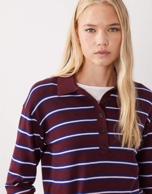 ARKET merino wool polo jumper in burgundy stripe, 3 of 4